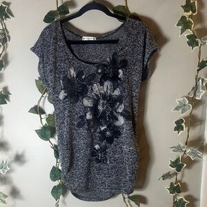Agenda Blue and Gray Floral Short Sleeve Top
